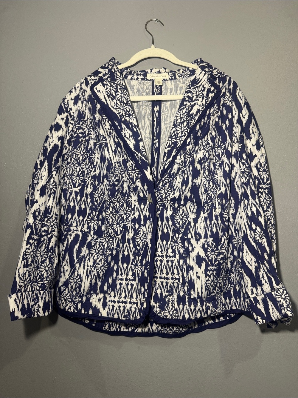 Blue and White Patterned Button-Front Jacket